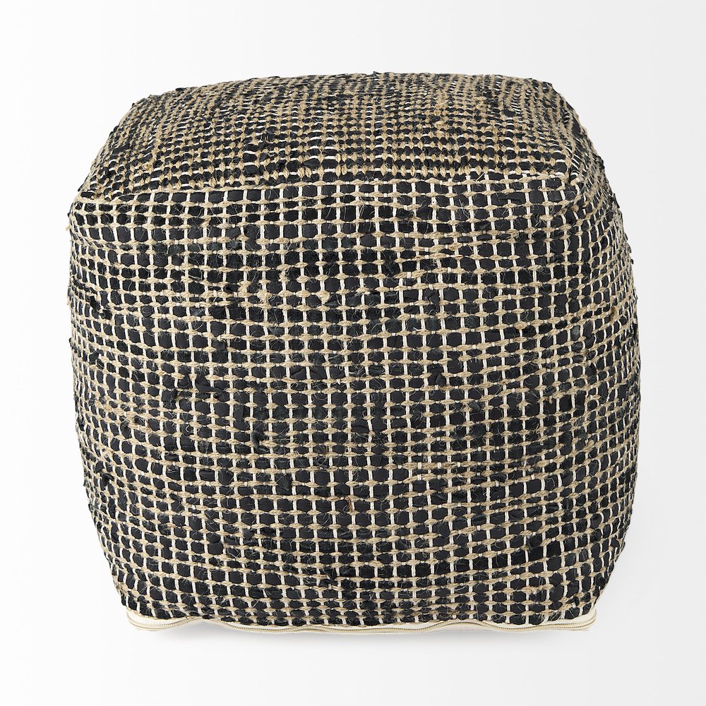 Aalia 16.0L x 16.0W x 16.0H Charcoal Leather and Jute Pouf. Picture 6