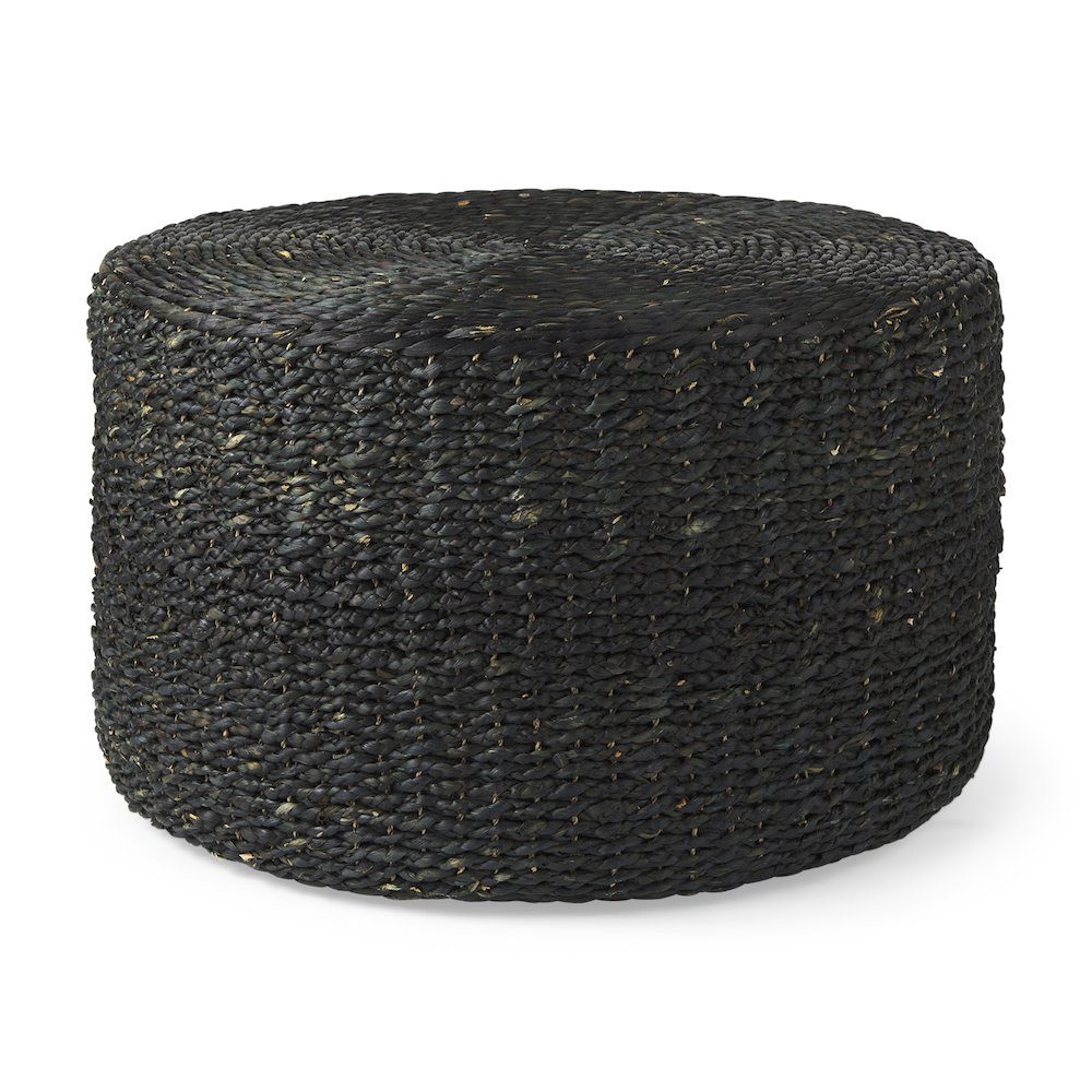 Dina 75L x 75W x 45H Black Cornhusk and Water Hyacinth Round Coffee Table Pouf. Picture 1