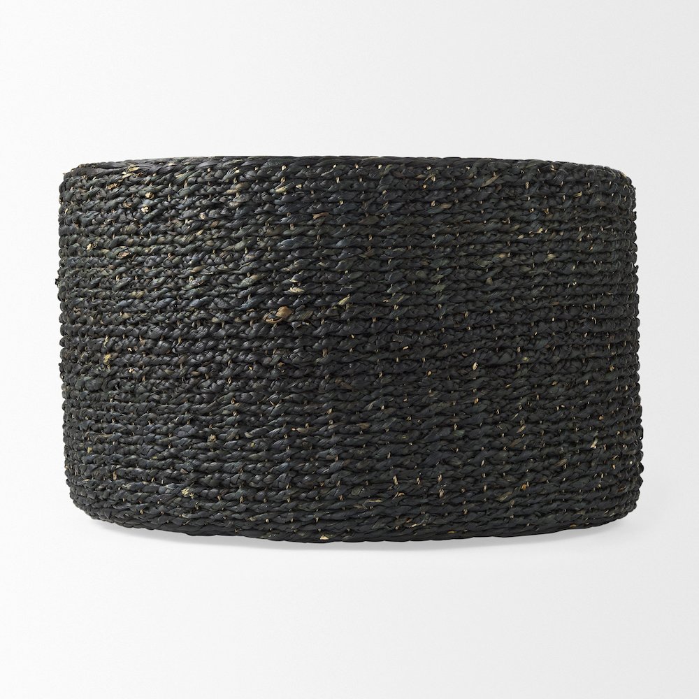 Dina 75L x 75W x 45H Black Cornhusk and Water Hyacinth Round Coffee Table Pouf. Picture 2