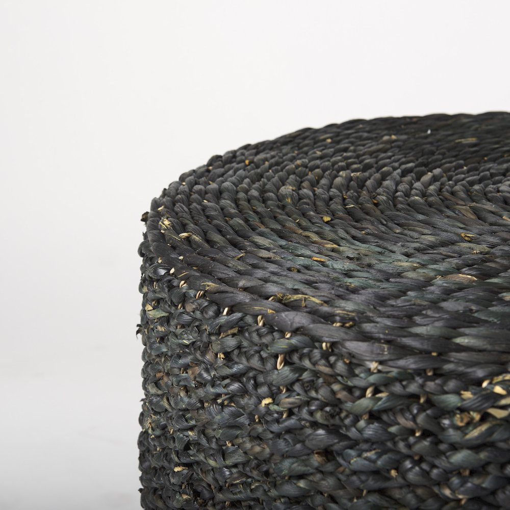 Dina 75L x 75W x 45H Black Cornhusk and Water Hyacinth Round Coffee Table Pouf. Picture 4