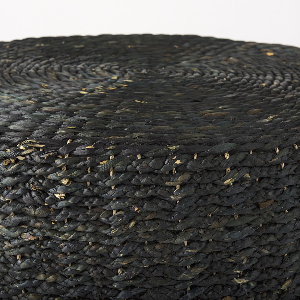 Dina 75L x 75W x 45H Black Cornhusk and Water Hyacinth Round Coffee Table Pouf. Picture 6
