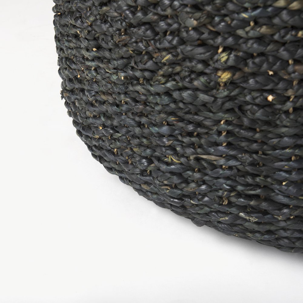 Dina 75L x 75W x 45H Black Cornhusk and Water Hyacinth Round Coffee Table Pouf. Picture 8