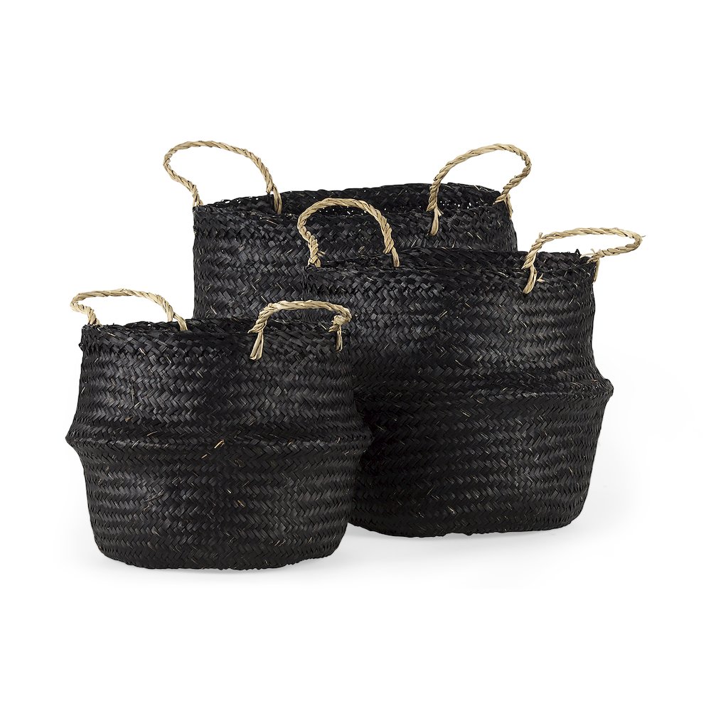 9.8L X 9.8W X 11.0H (Set Of 3) Black Seagrass Basket Light Brown Handles. Picture 1