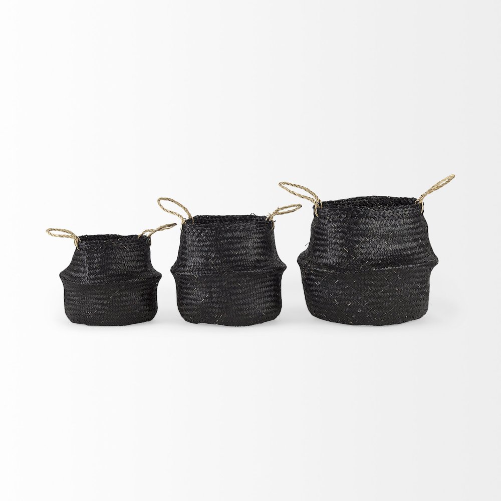 9.8L X 9.8W X 11.0H (Set Of 3) Black Seagrass Basket Light Brown Handles. Picture 2