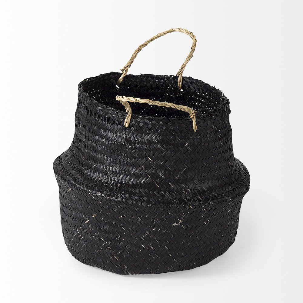9.8L X 9.8W X 11.0H (Set Of 3) Black Seagrass Basket Light Brown Handles. Picture 3
