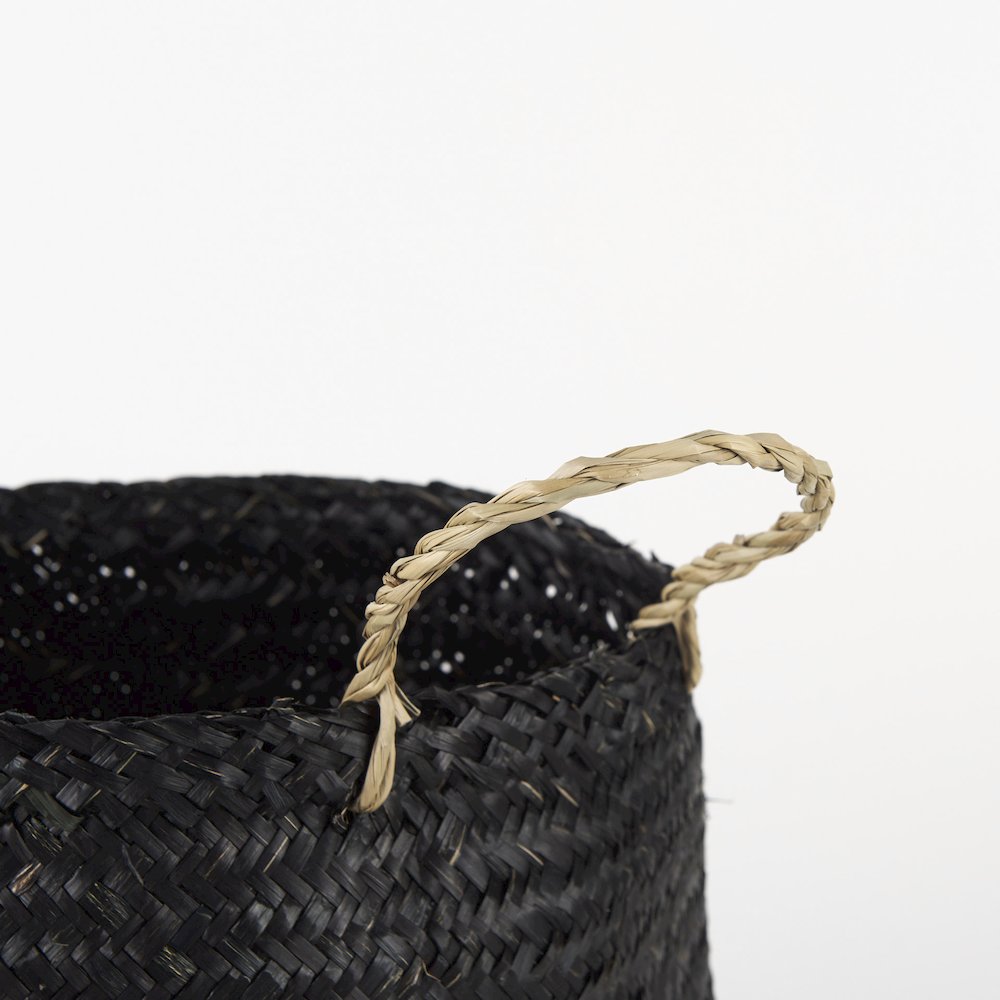 9.8L X 9.8W X 11.0H (Set Of 3) Black Seagrass Basket Light Brown Handles. Picture 4