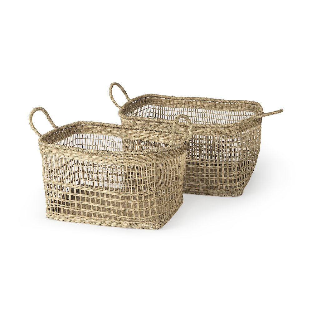 Set Of 2) Medium Brown Seagrass Rectangular Basket Handles. Picture 1