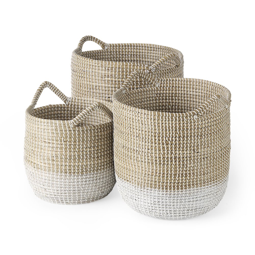 (Set Of 3) Light Brownwhite Dipped Seagrass Round Basket Handles. Picture 1