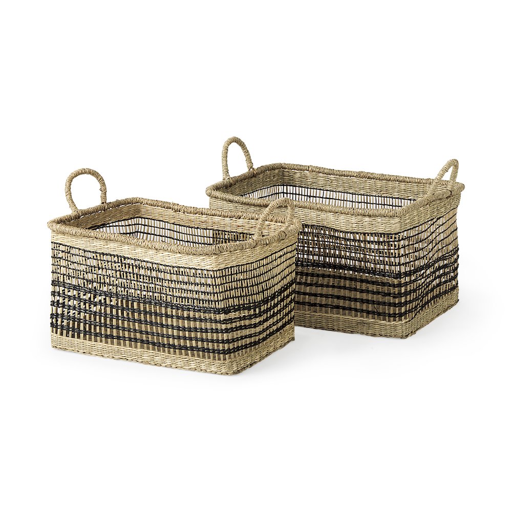 Set Of 2 Light Brown Seagrass Rectangular Basket With Handles. Picture 1