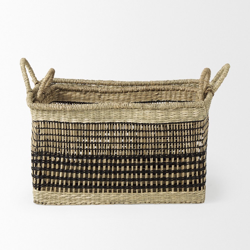 Set Of 2 Light Brown Seagrass Rectangular Basket With Handles. Picture 4