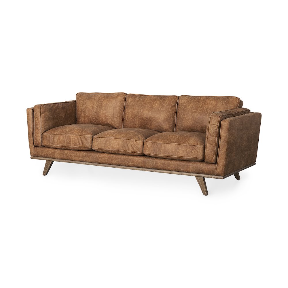 Cognac Brown Faux Leather Three Seater Sofa Medium Brown Wooden Legs. Picture 1