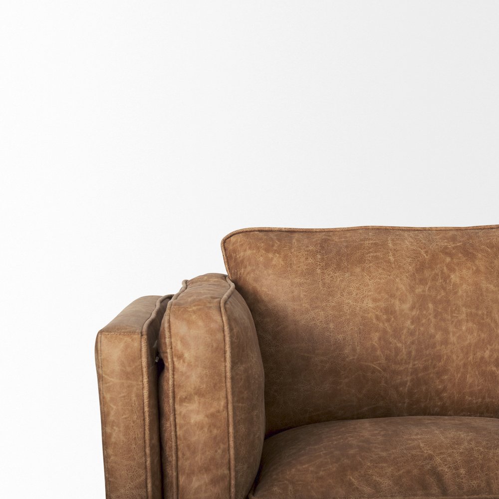 Cognac Brown Faux Leather Three Seater Sofa Medium Brown Wooden Legs. Picture 2