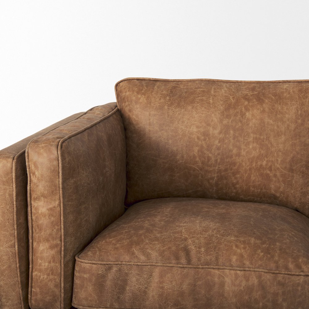 Cognac Brown Faux Leather Three Seater Sofa Medium Brown Wooden Legs. Picture 3