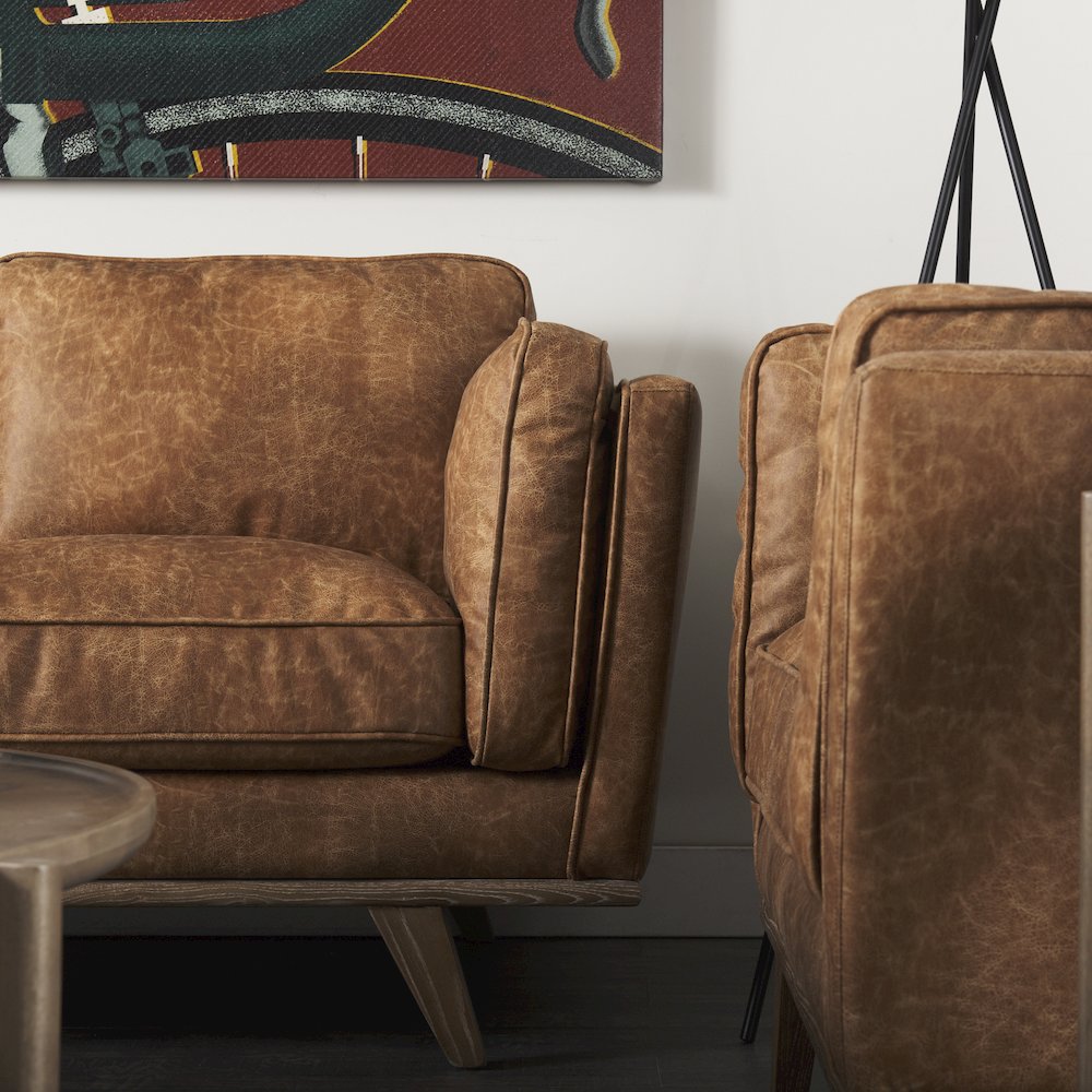 Cognac Brown Faux Leather Three Seater Sofa Medium Brown Wooden Legs. Picture 12