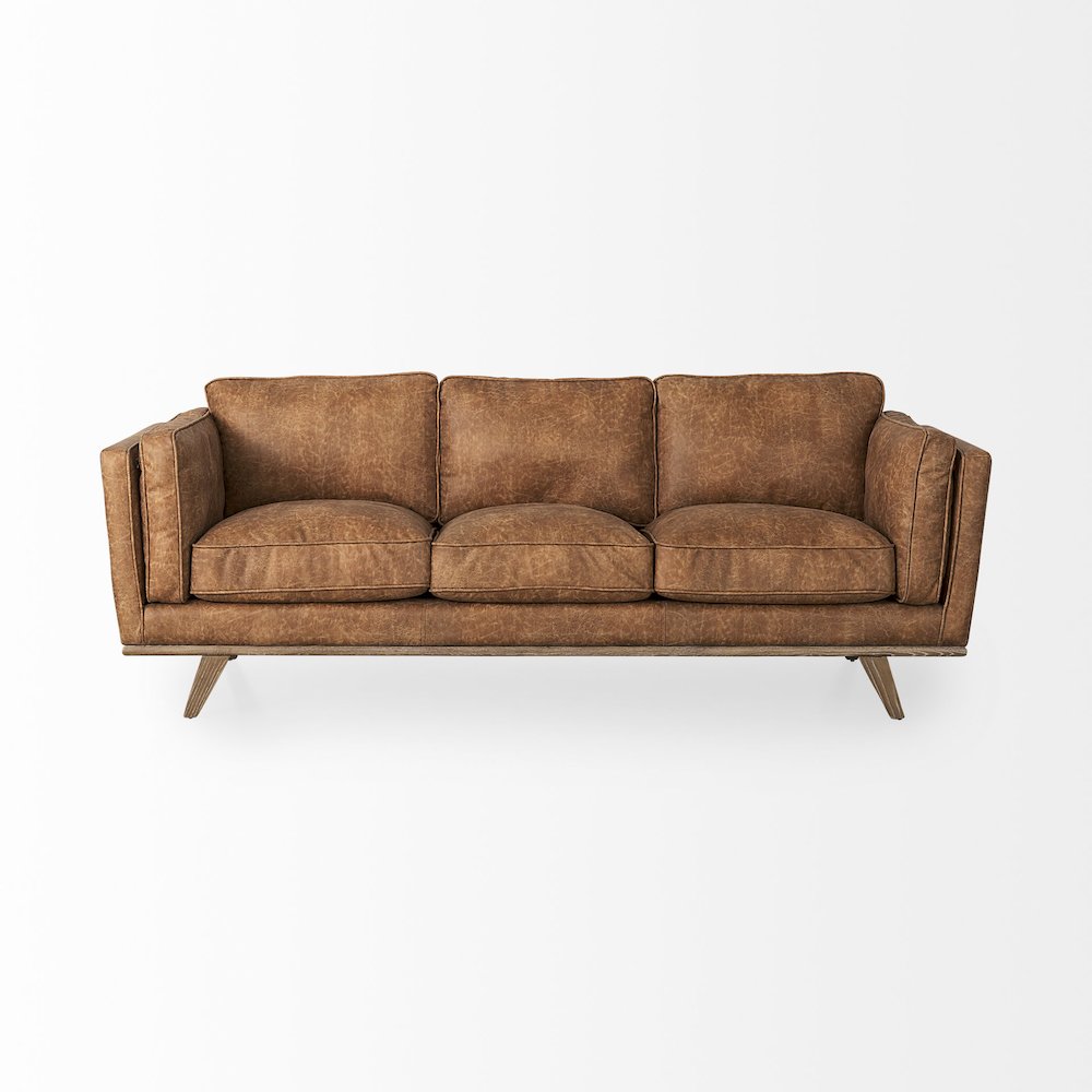 Cognac Brown Faux Leather Three Seater Sofa Medium Brown Wooden Legs. Picture 9