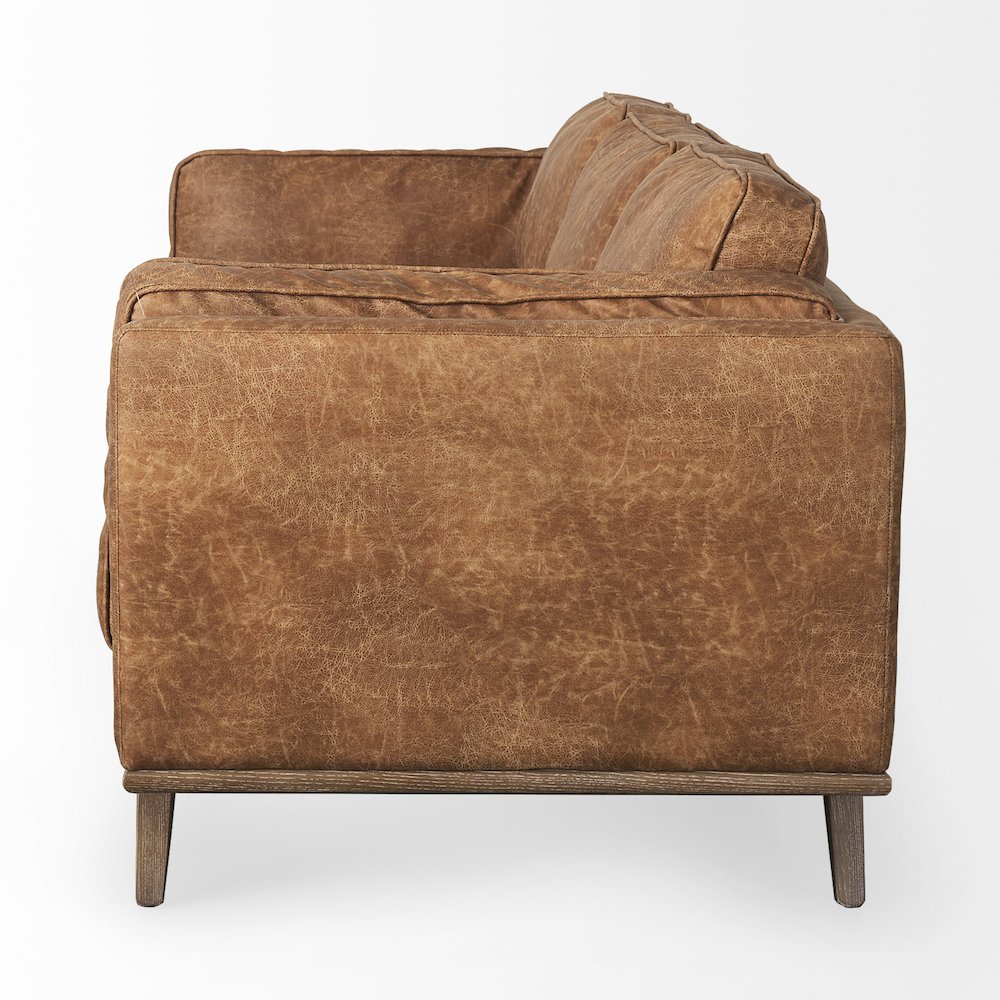 Cognac Brown Faux Leather Three Seater Sofa Medium Brown Wooden Legs. Picture 10