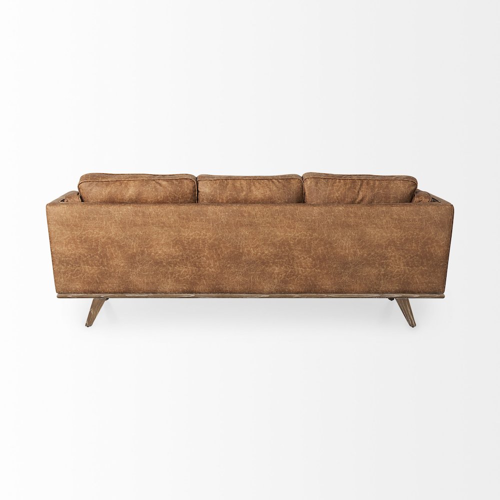 Cognac Brown Faux Leather Three Seater Sofa Medium Brown Wooden Legs. Picture 13