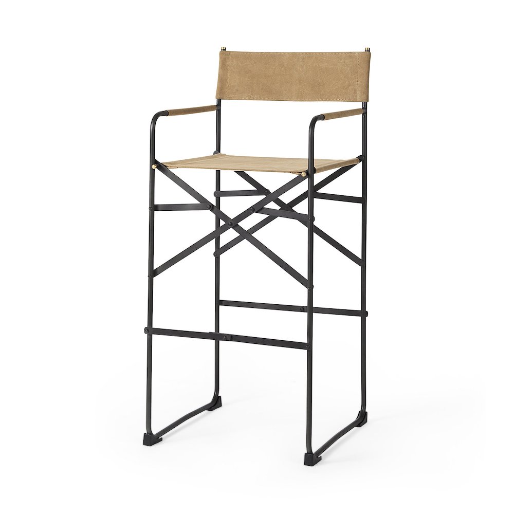 19.3L X 19.3W X 44.1H Brown Leather Seatblack Iron Frame Bar Stool. Picture 1