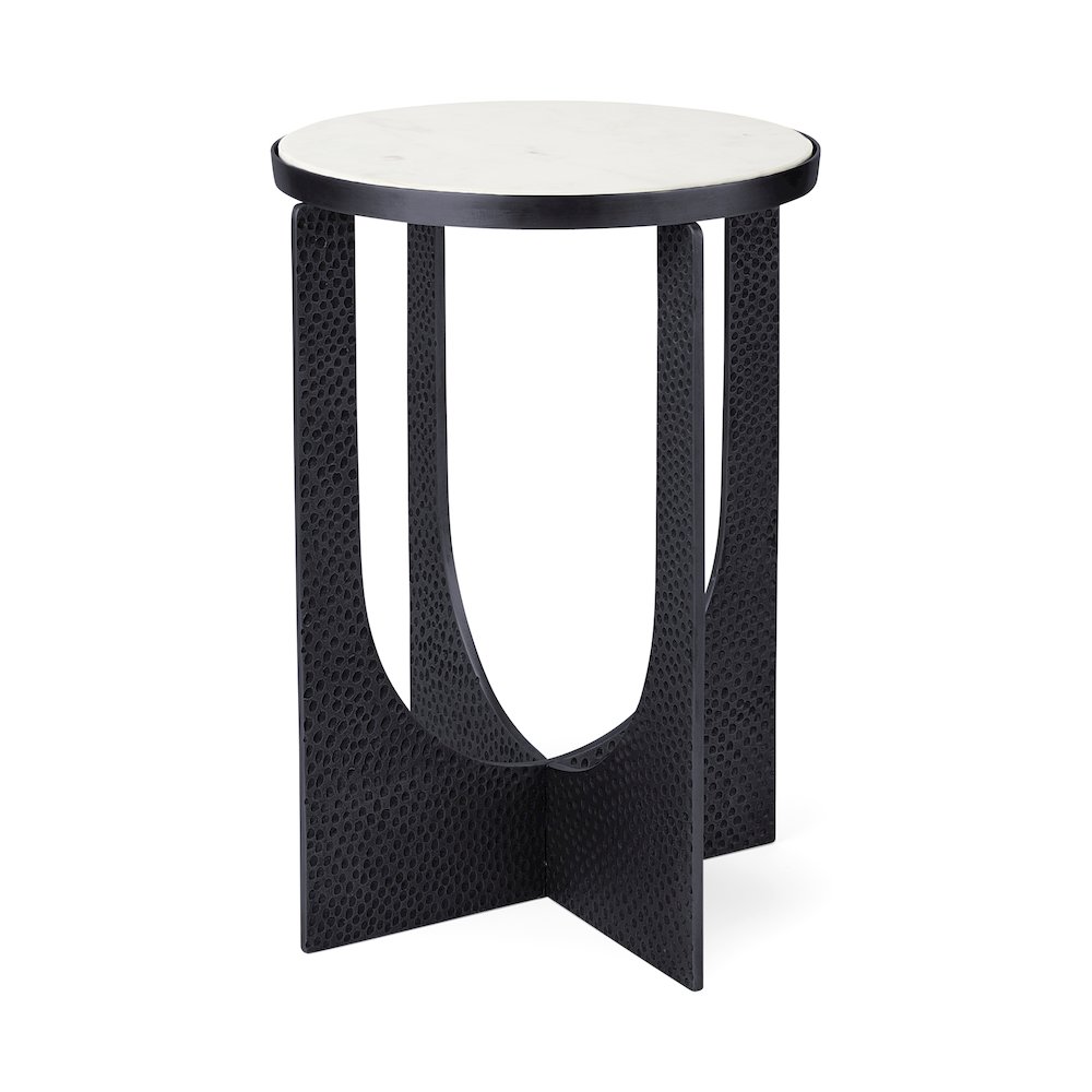 Preston 23"H White Marble Top Matte Black Metal Accent Table. Picture 1