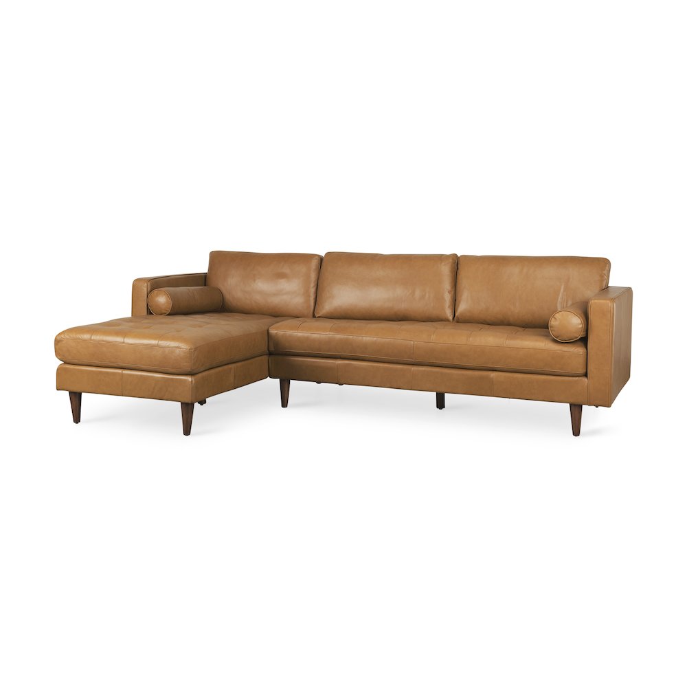 Svend 111.4L x 68.0W x 33.9H Tan Leather Left Chaise Sectional Sofa. Picture 1