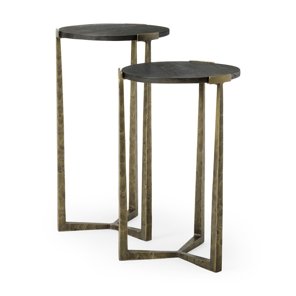Black Wood And Antiqued Gold Metal Nesting Accent Tables (Set Of 2). Picture 1