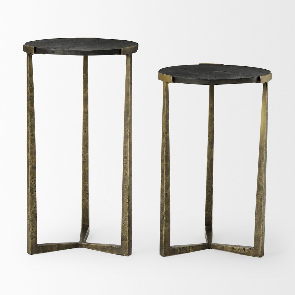Black Wood And Antiqued Gold Metal Nesting Accent Tables (Set Of 2). Picture 3