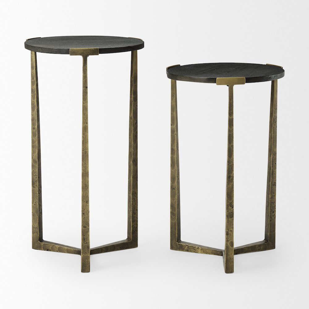 Black Wood And Antiqued Gold Metal Nesting Accent Tables (Set Of 2). Picture 4