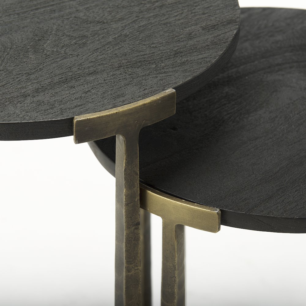 Black Wood And Antiqued Gold Metal Nesting Accent Tables (Set Of 2). Picture 7