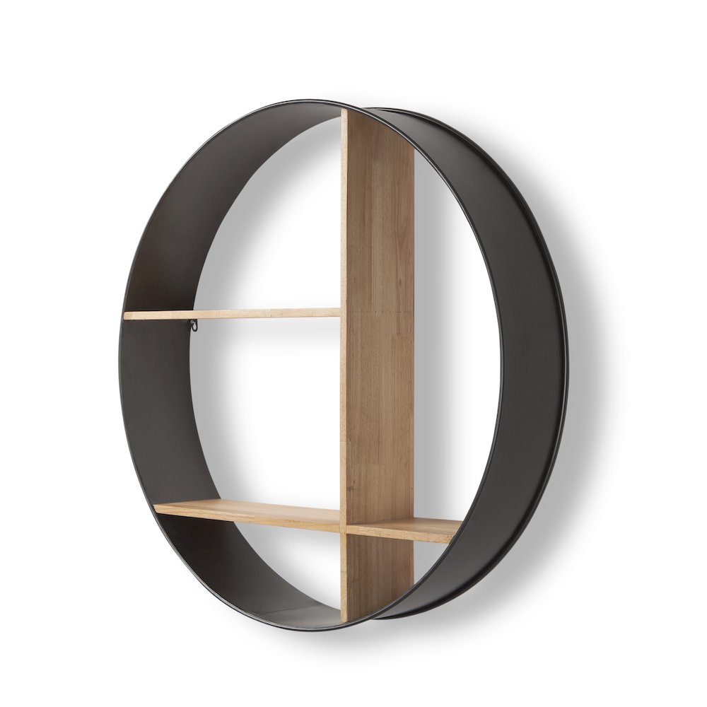 Hector 36.0L x 7.0W x 36.0H Brown Wood Black Metal Round Wall Shelf. Picture 1