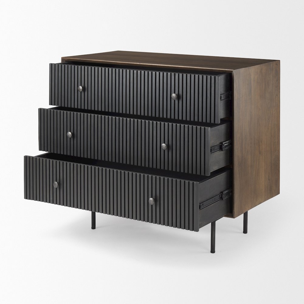 35.5L X 18.0W X 31.0H Medium Brown Woodblack Metal Frame 3 Drawer Accent Cabinet. Picture 8