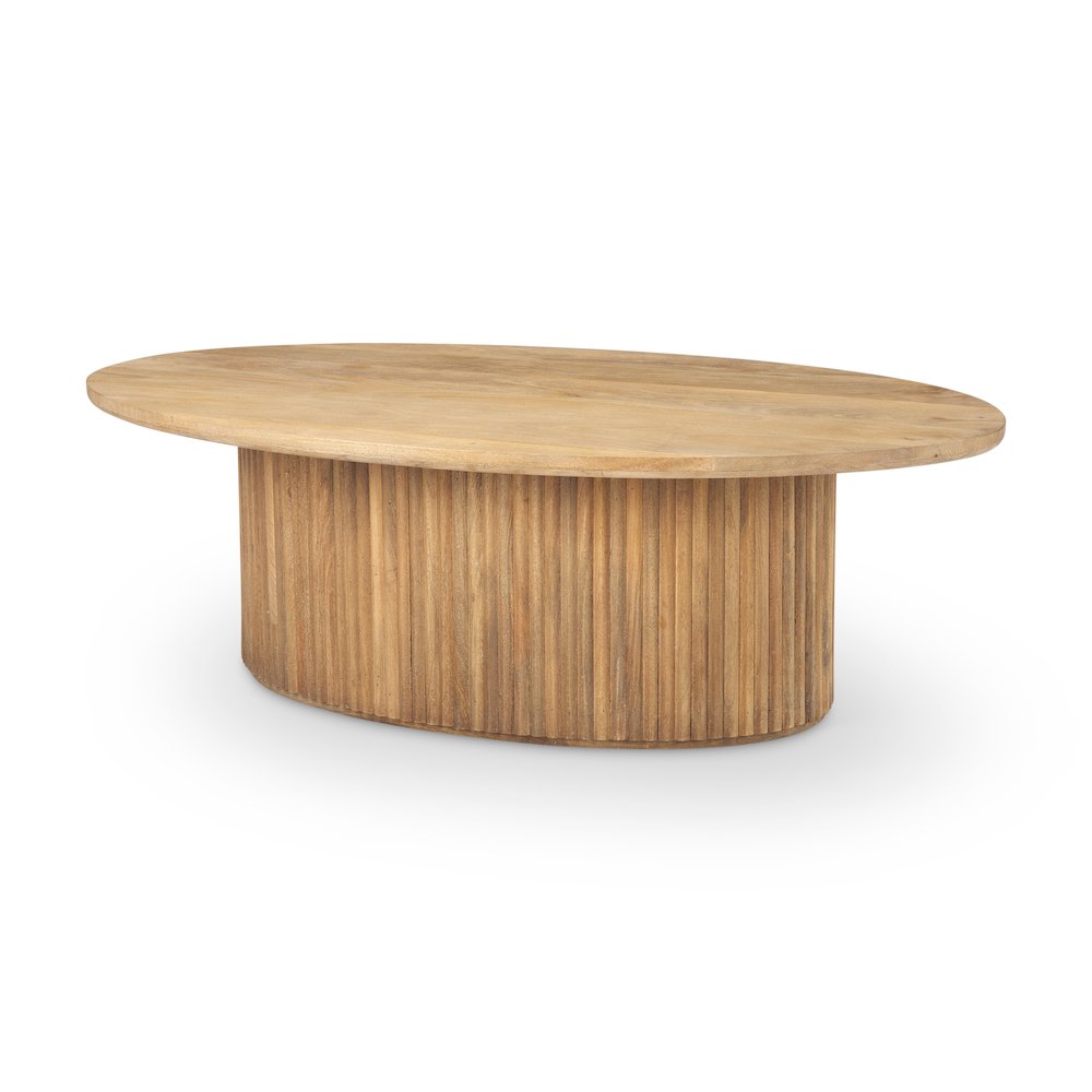 Light Brown Wood Oval Fluted Coffee Table. Picture 1