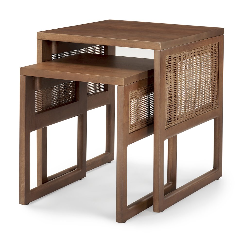 Set Of 2 Medium Brown Solid Wood Cane Nesting Accent Tables. Picture 1
