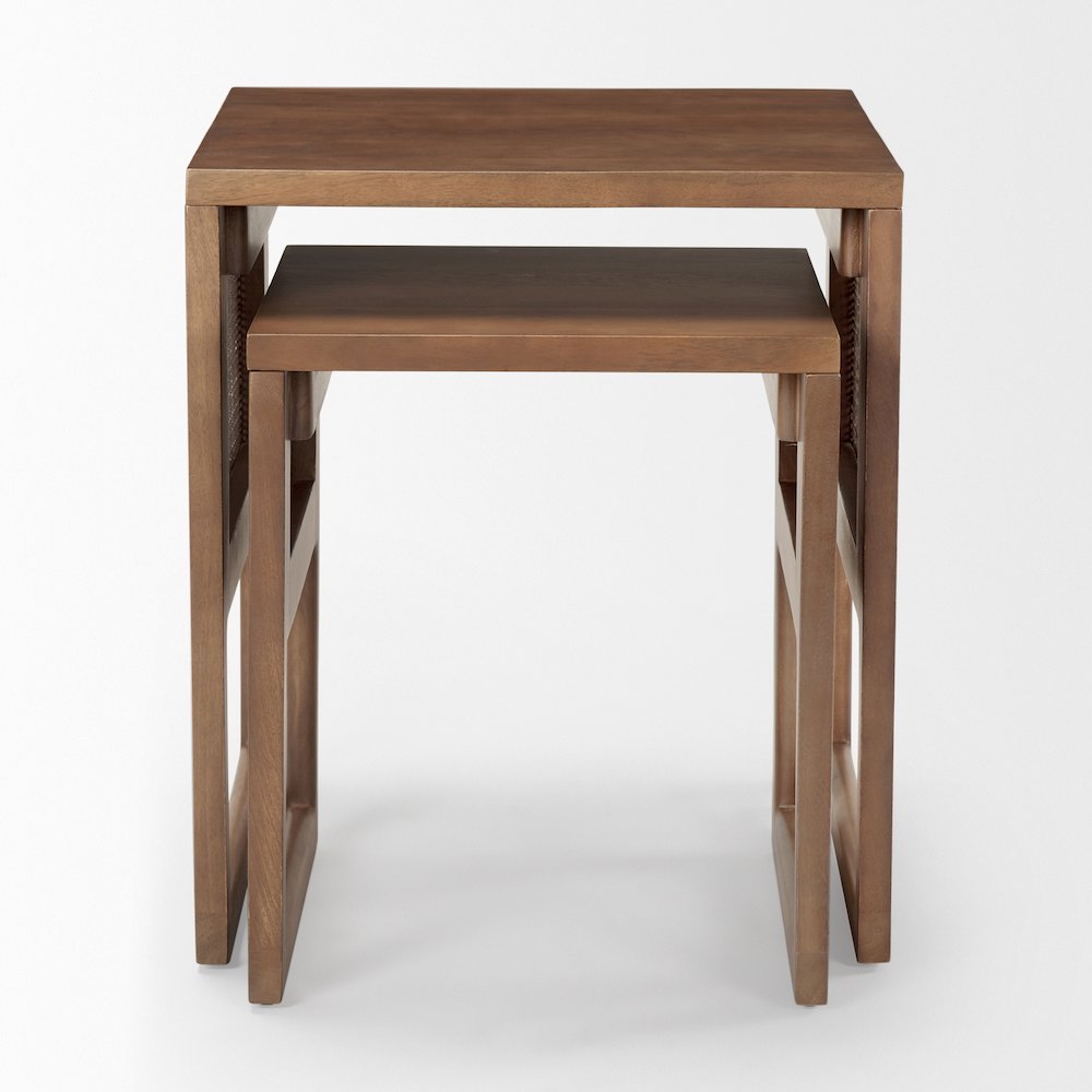 Set Of 2 Medium Brown Solid Wood Cane Nesting Accent Tables. Picture 4