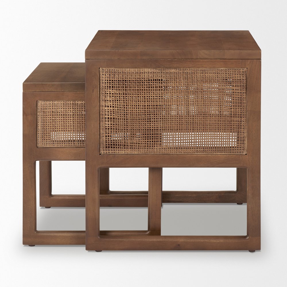 Set Of 2 Medium Brown Solid Wood Cane Nesting Accent Tables. Picture 5