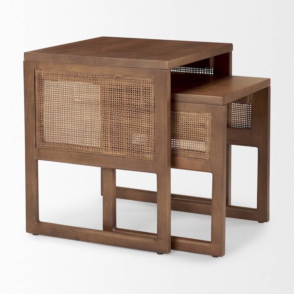 Set Of 2 Medium Brown Solid Wood Cane Nesting Accent Tables. Picture 6