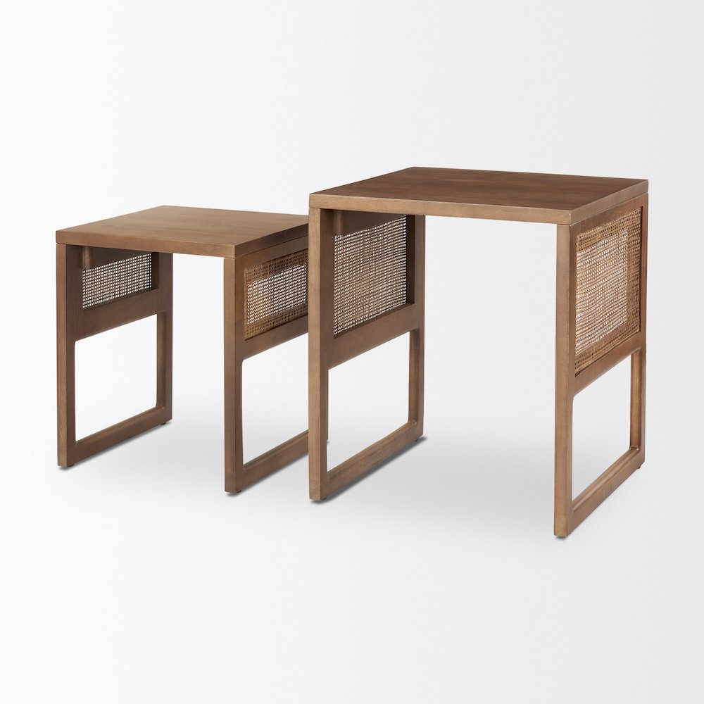Set Of 2 Medium Brown Solid Wood Cane Nesting Accent Tables. Picture 7