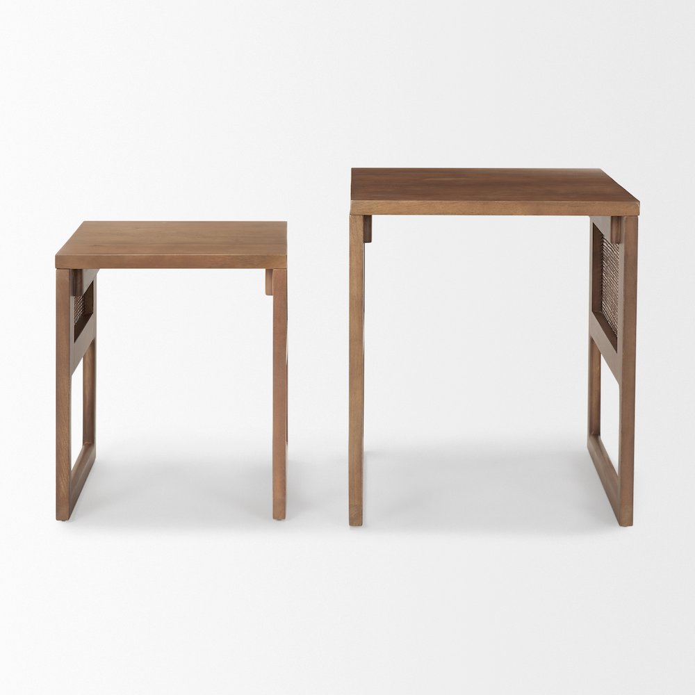 Set Of 2 Medium Brown Solid Wood Cane Nesting Accent Tables. Picture 8