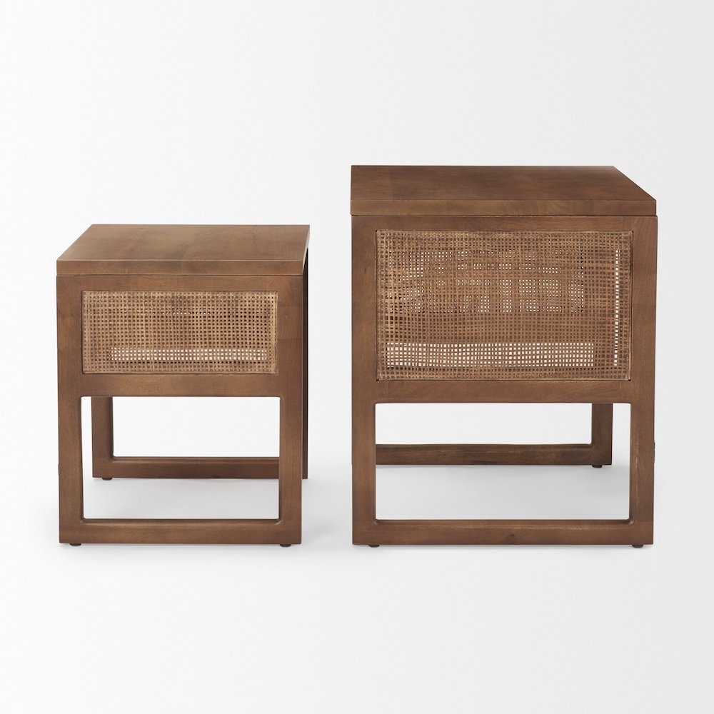 Set Of 2 Medium Brown Solid Wood Cane Nesting Accent Tables. Picture 9