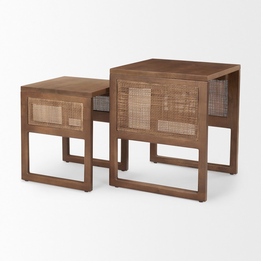 Set Of 2 Medium Brown Solid Wood Cane Nesting Accent Tables. Picture 10