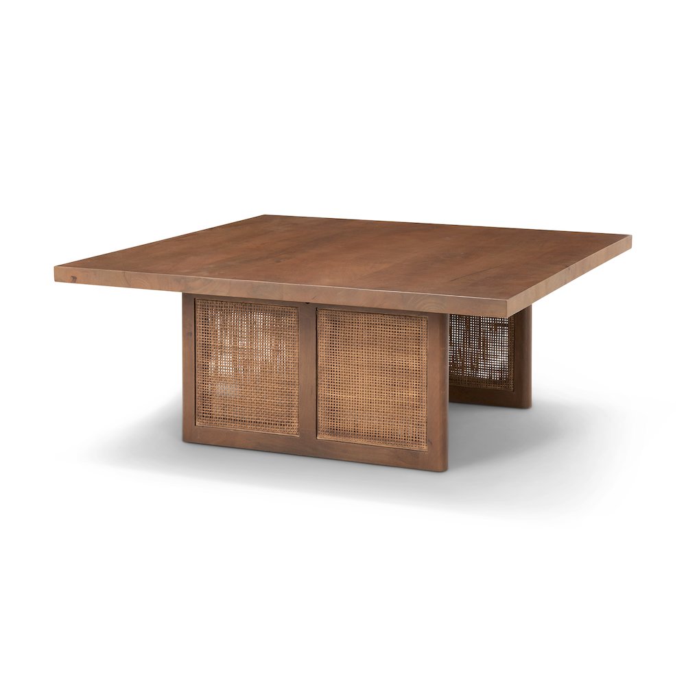 42" Square Medium Brown Solid Wood Cane Coffee Table. Picture 1