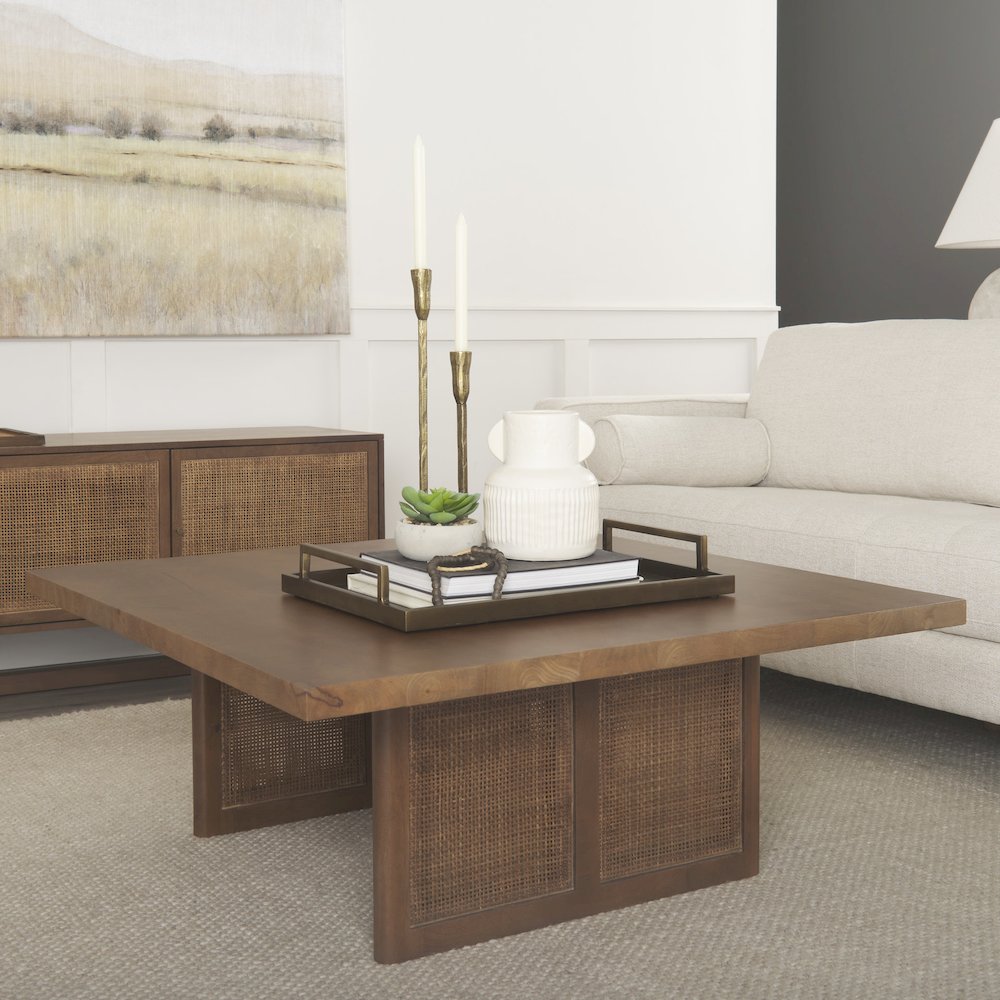 42" Square Medium Brown Solid Wood Cane Coffee Table. Picture 3