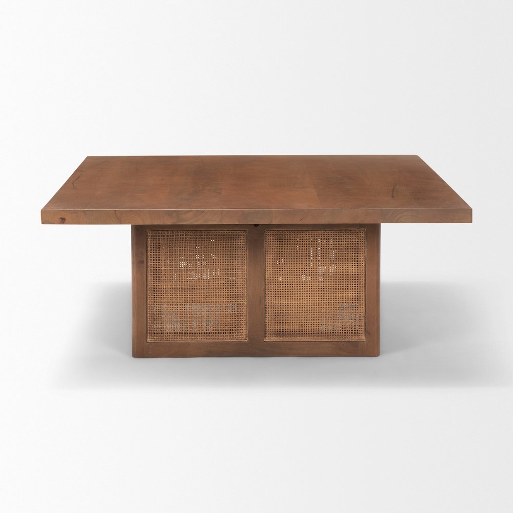 42" Square Medium Brown Solid Wood Cane Coffee Table. Picture 6