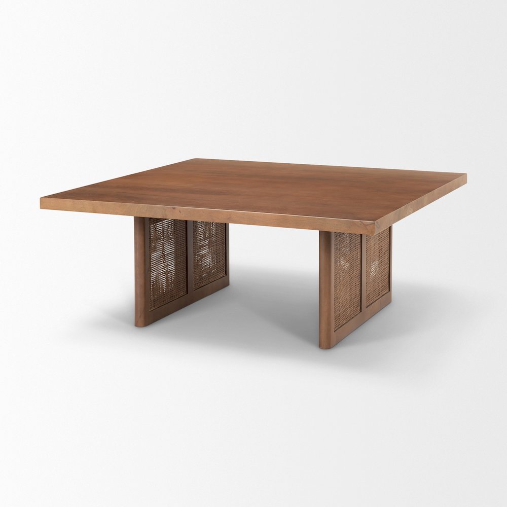 42" Square Medium Brown Solid Wood Cane Coffee Table. Picture 7