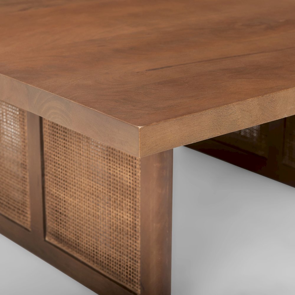 42" Square Medium Brown Solid Wood Cane Coffee Table. Picture 8