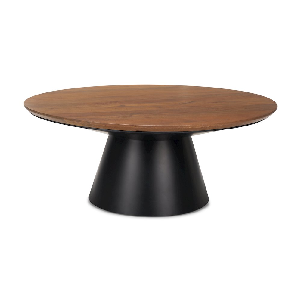 40.0L X 40.0W X 16.0H Black Metal Pedestal Base With Brown Wood Top Coffee Table. Picture 1