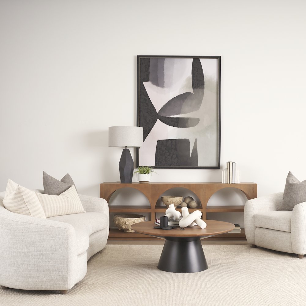 40.0L X 40.0W X 16.0H Black Metal Pedestal Base With Brown Wood Top Coffee Table. Picture 2