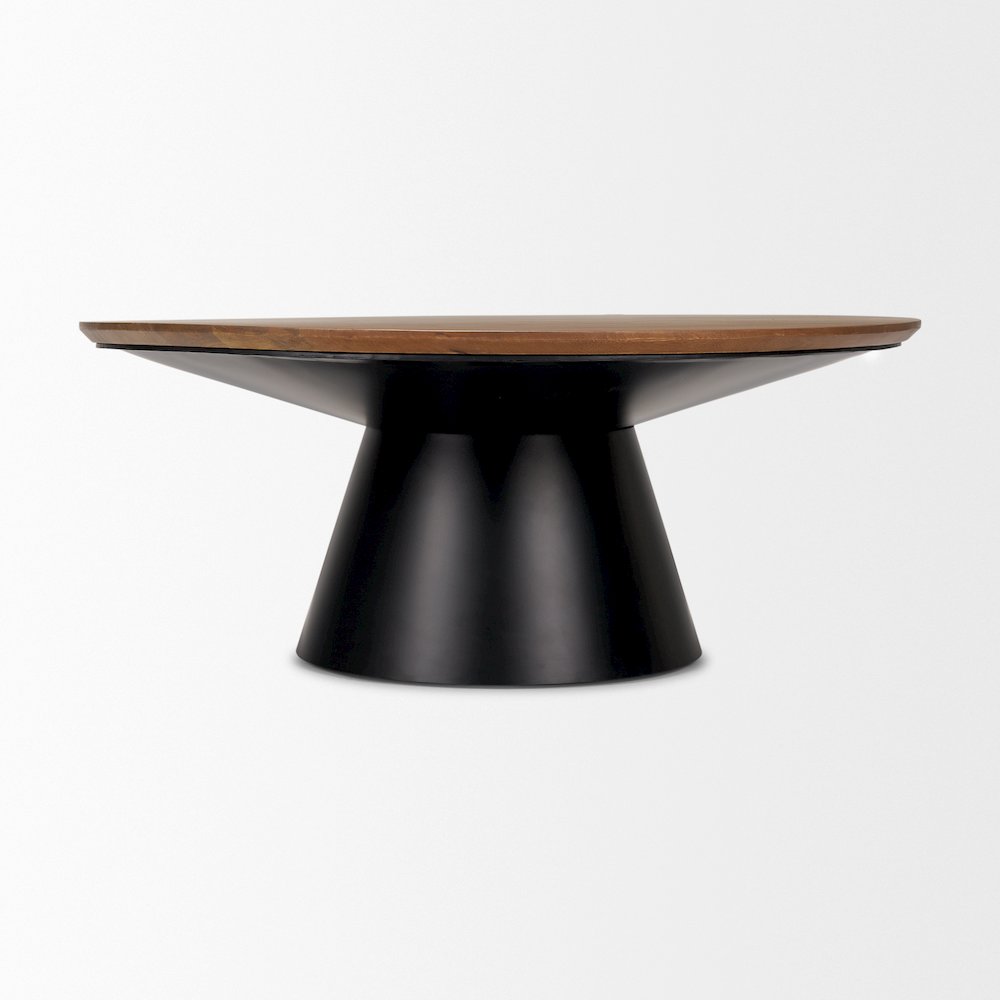 40.0L X 40.0W X 16.0H Black Metal Pedestal Base With Brown Wood Top Coffee Table. Picture 5