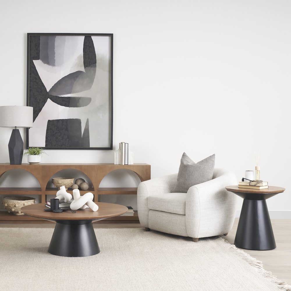 22.0L X 22.0W X 23.0H Black Metal Pedetal Base With Brown Wood Top Side Table. Picture 2