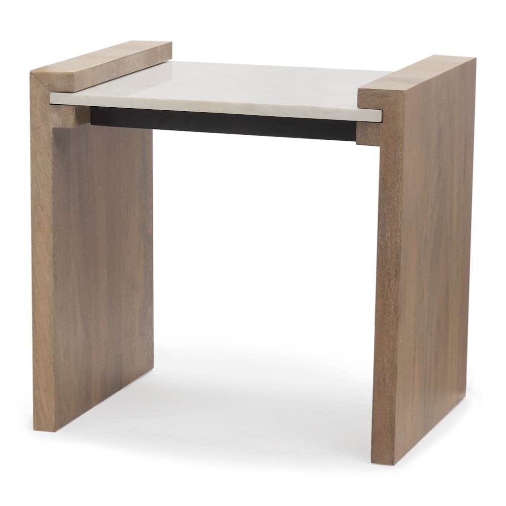 Light Brown Wood White Marble Accent Table. Picture 1