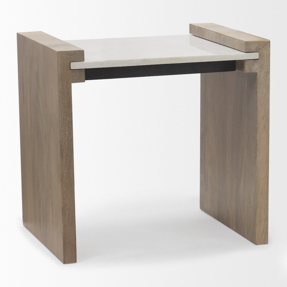 Light Brown Wood White Marble Accent Table. Picture 2